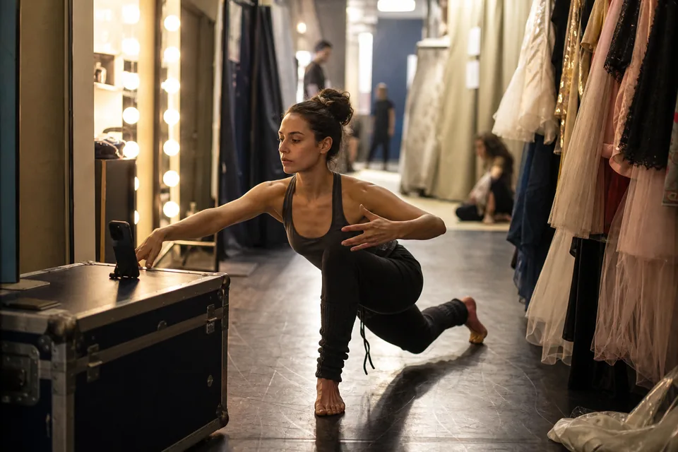 A dancer recording a short clip on a phone backstage in a theatre corridor