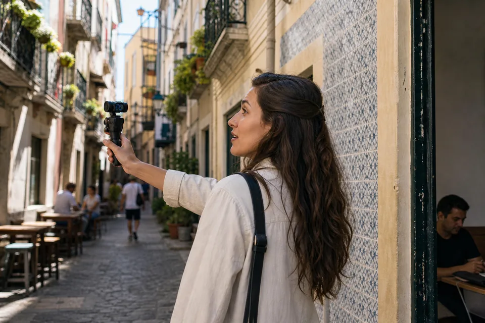 A travel vlogger filming herself with a camera on a gimbal on a sunny city street