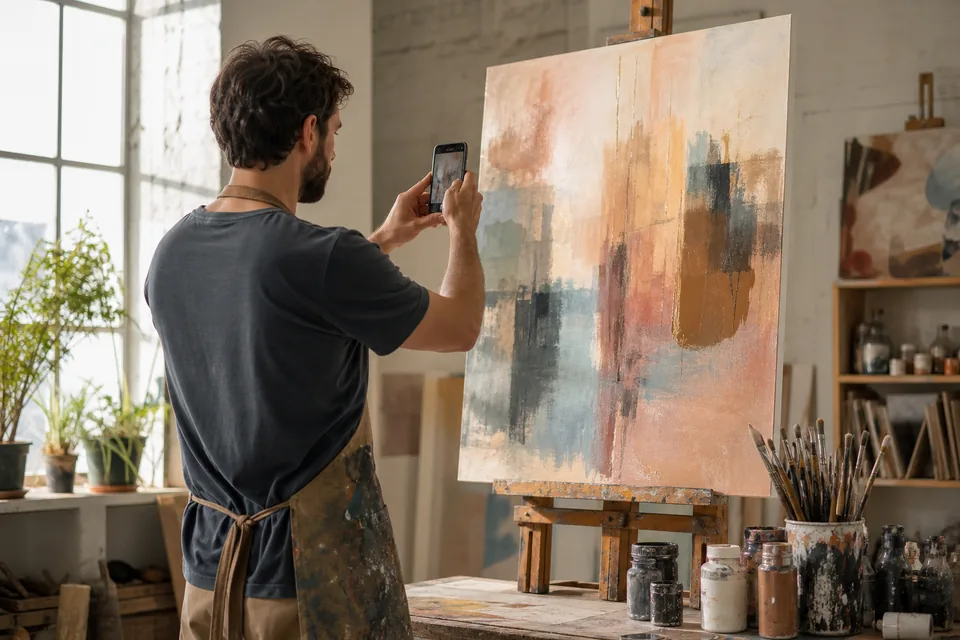 A painter photographing a finished canvas for members in a sunlit studio