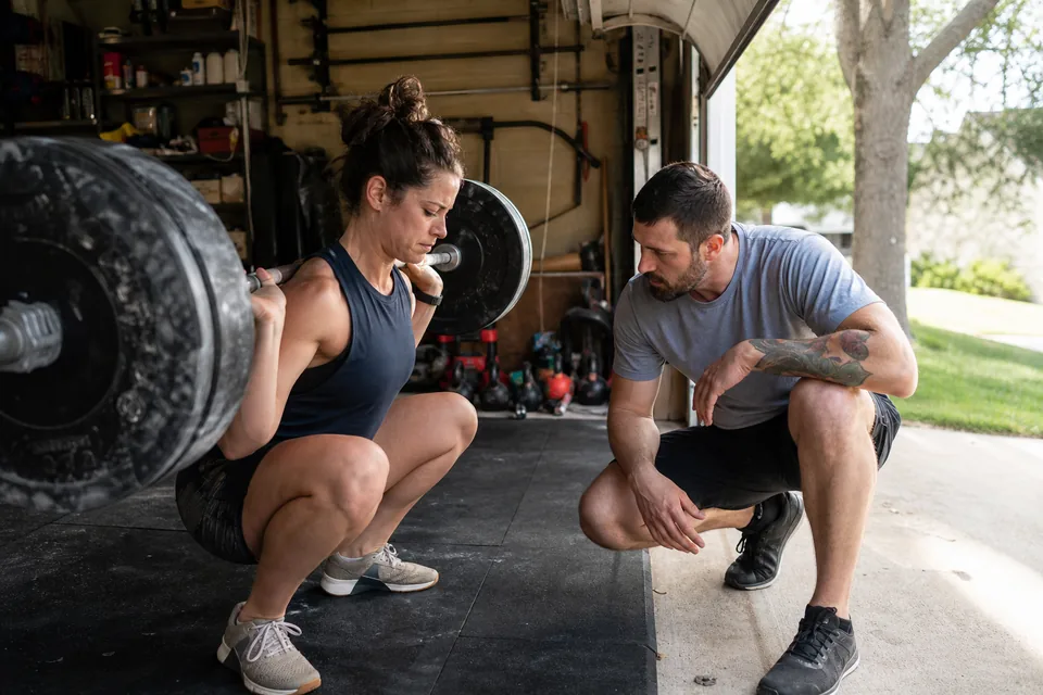 Fitness coach recording a workout demonstration in a bright gym
