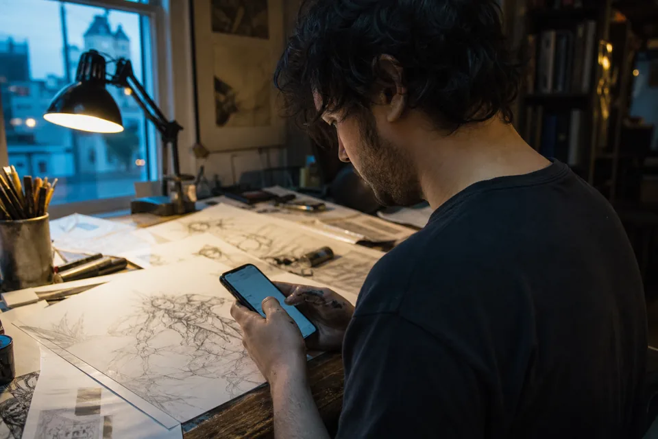 An illustrator typing a message on a phone at a desk covered in sketches