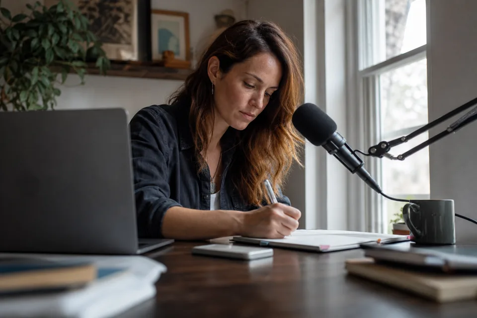 A podcaster planning the month at a tidy desk with a laptop and a paper planner