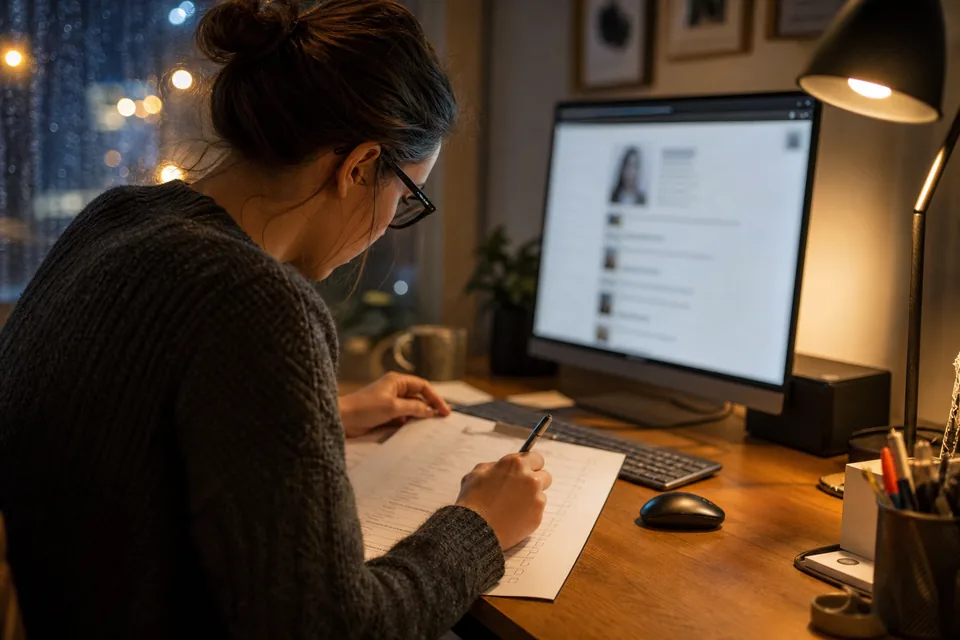 Two trust and safety specialists reviewing content on monitors in a calm office