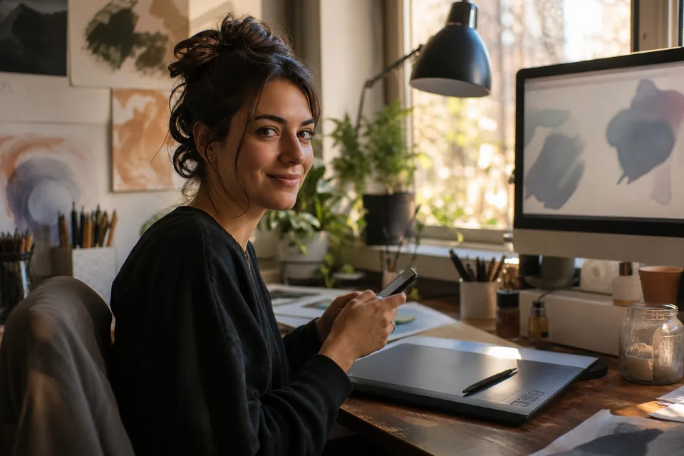 A digital artist holding a phone at a home studio desk beside a drawing tablet